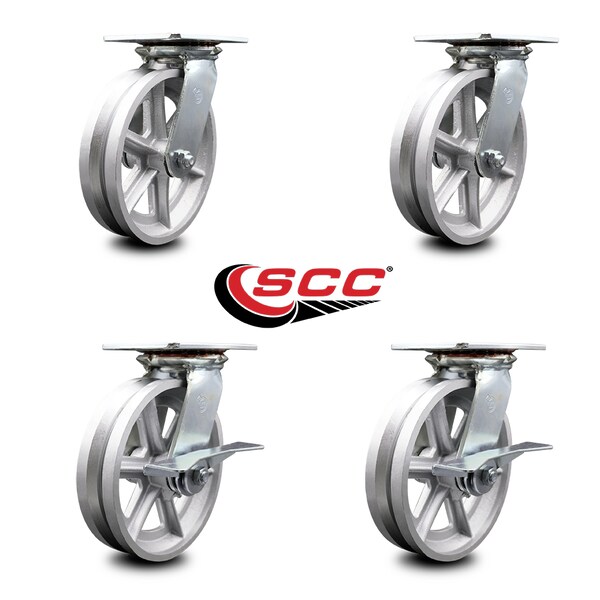 8 Inch V Groove Semi Steel Swivel Caster Set With Ball Bearings 2 Brakes SCC